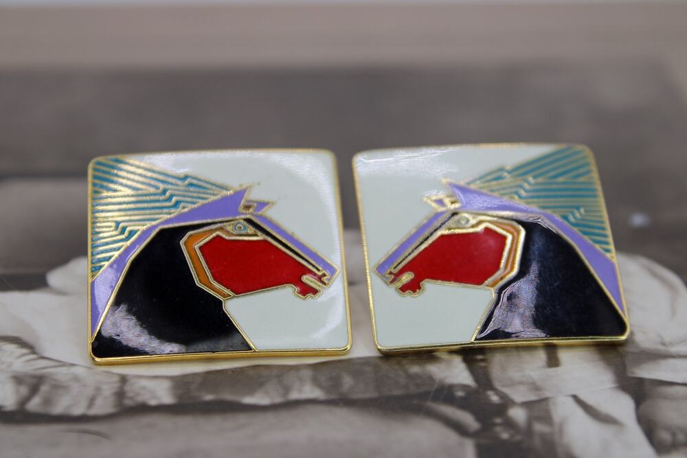 1980's Stallion by Laurel Burch Gold-tone Enamel Earrings